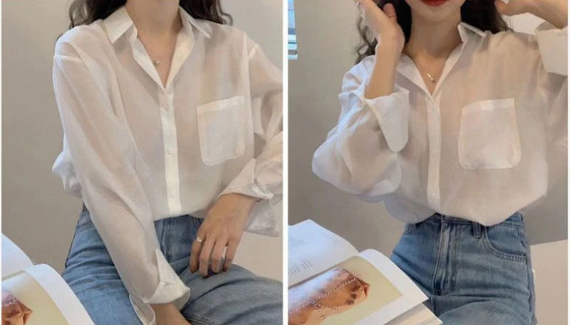 White Shirt Women Fashion Simple Preppy Style Summer Thin Top Casual All Match Korean Loose Long Sleeve Sunscreen Blouse New