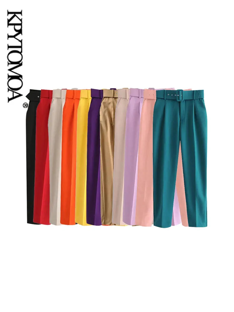 KPYTOMOA Women Fashion With Belt Side Pockets Office Wear Pants Vintage High Waist Zipper Fly Female Ankle Trousers Mujer