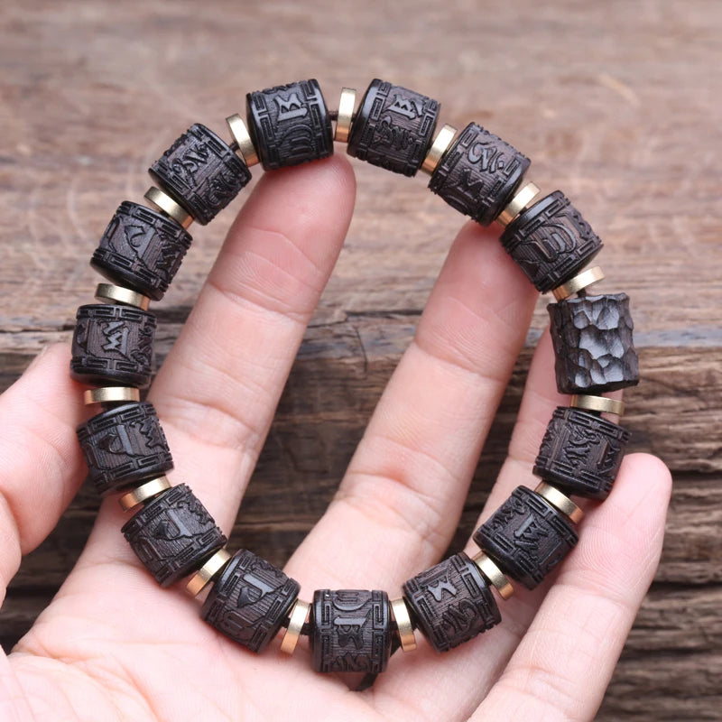 Authentic Natural Ebony Tibetan Six-Character Mantra Tibetan Prayer Wheel Bracelet 15mm Unisex Bracelet