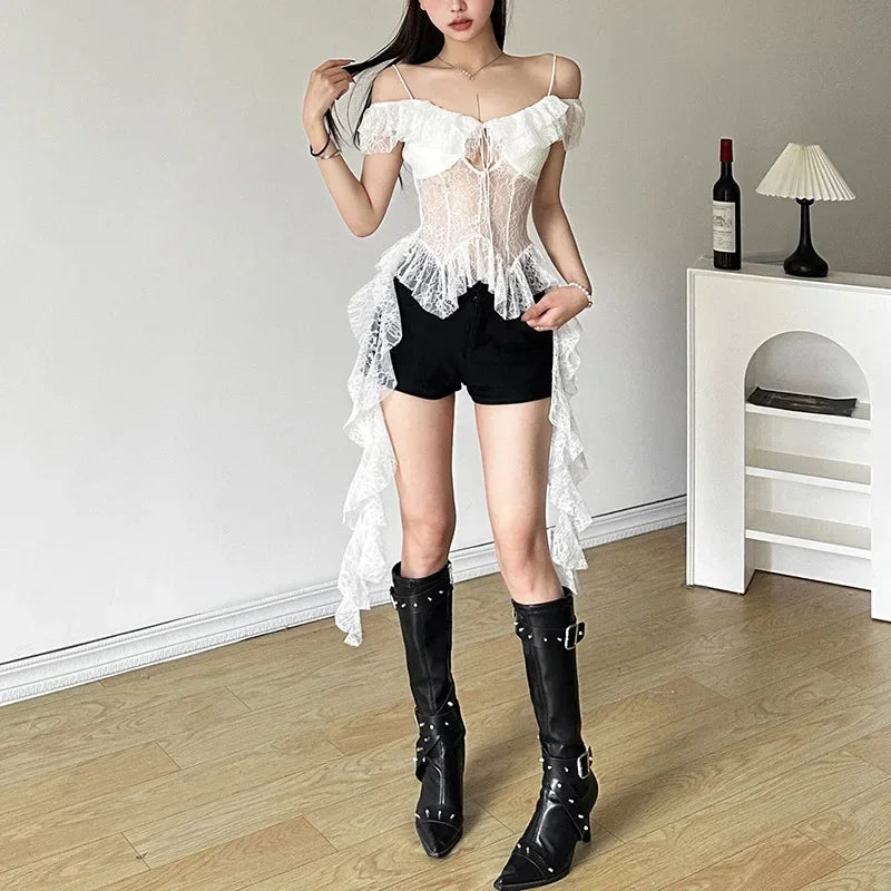 White Lace T Shirt Streetwear See Through Shirt Bandage Tees 2000s Vintage Y2k Aesthetic Irregular Y2k Crop Top Harajuku Summer