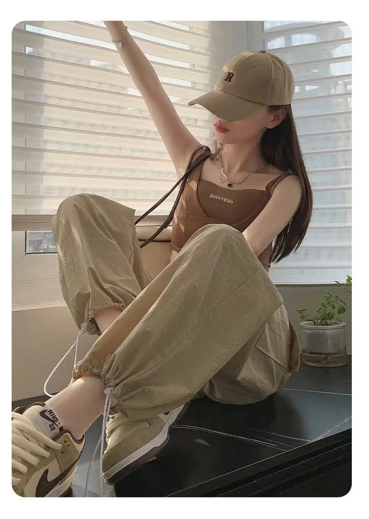 Women Solid Color Fashion Temperament Straight  Cargo Pants Casual Big pocket Wide leg Long Pants Sports outside trousers