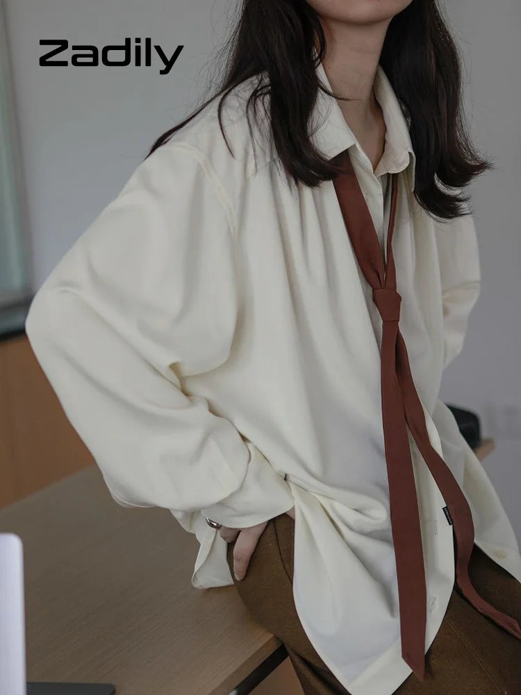 2022 Summer Korean Style Long Sleeve Solid Shirt Women Office Lady top with ties Button Up Oversize Blouse Female Work Clothing