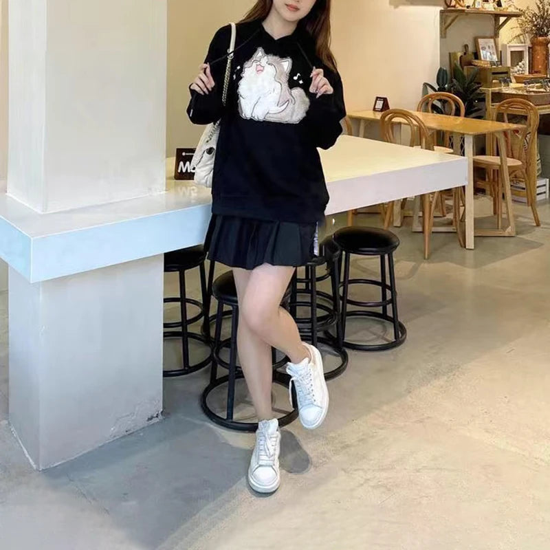 2023 Korean Autumn Winter Cute Cartoon Street Embroidery Design Cat Print Pullover Hoodies Women Men Trend Loose Couples Clothes