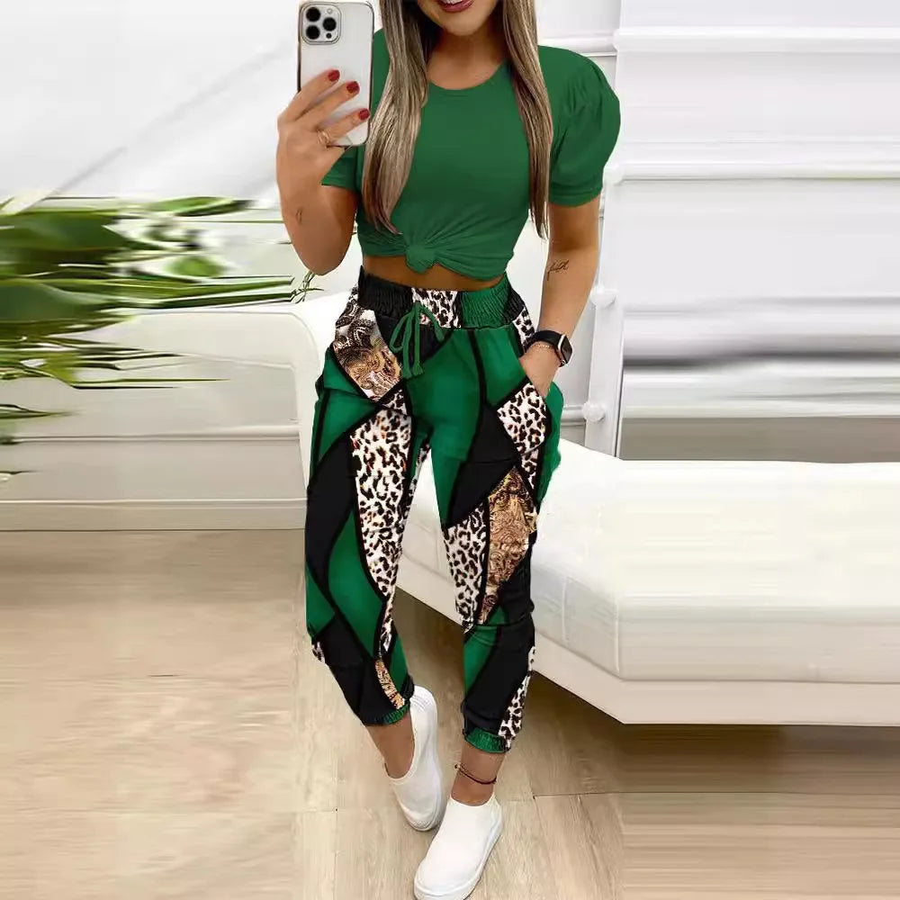 Fashion Short Sleeve Shirt Trousers Set Office Lady Casual Loose Round  Neck Letter Print Color Two Piece Set Women Outfit 2024