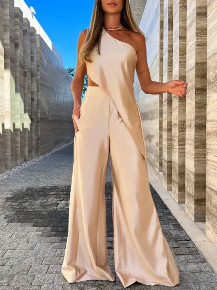 Wide Leg Pants Solid Fashion Outfit Women Summer Loungewear Skew Collar Sleeveless Elegant Matching Set Streetwear Dropshipping