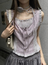 Load image into Gallery viewer, HOUZHOU Vintage Elegant Sweet Tanks Women French Style Harajuku Bandage Ruffle Patchwork Sleeveless Slim Tees Tops Summer 2024