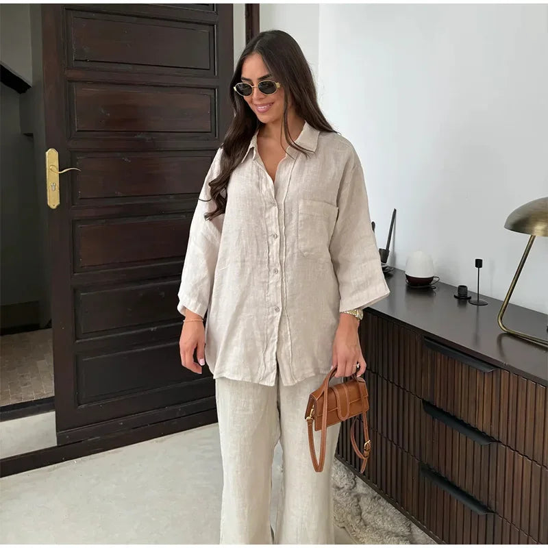 Women Vintage Solid Loose Pants Suit Lapel Single Breasted Long Sleeve Shirt Wide Leg Pants 2 Pcs Set 2024 New Ladies Streetwear