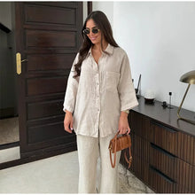 Load image into Gallery viewer, Women Vintage Solid Loose Pants Suit Lapel Single Breasted Long Sleeve Shirt Wide Leg Pants 2 Pcs Set 2024 New Ladies Streetwear