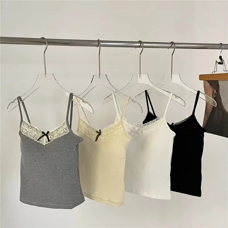 New Knitted Crop Top For Women Solid Color Lace Sling Tops Knitwear Tank Top Female Sexy Slim Camisole Sweet Short Beau Back Top