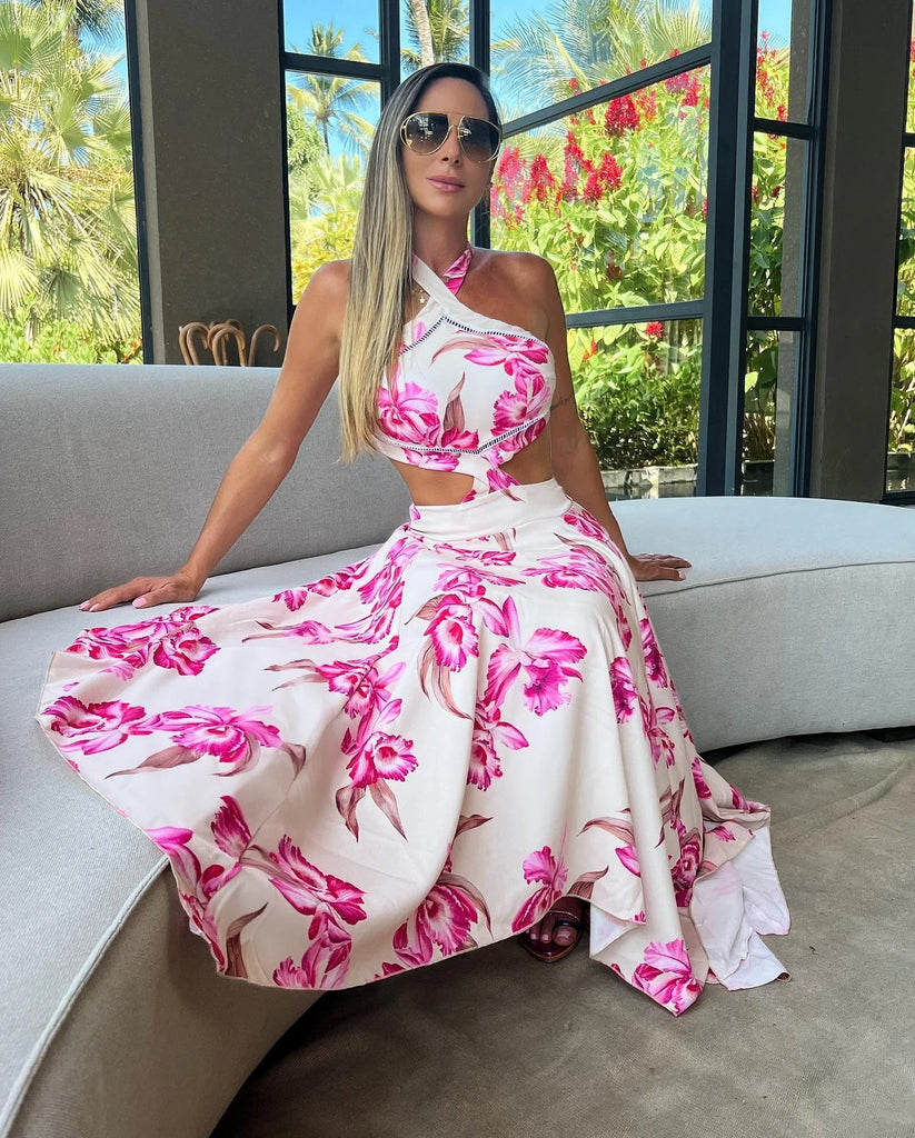 New Bohemian Sexy Printed Women Dresses Halter Sleeveless Backless Naked Waist Long Dress Fashion Summer Beach Holiday Robe