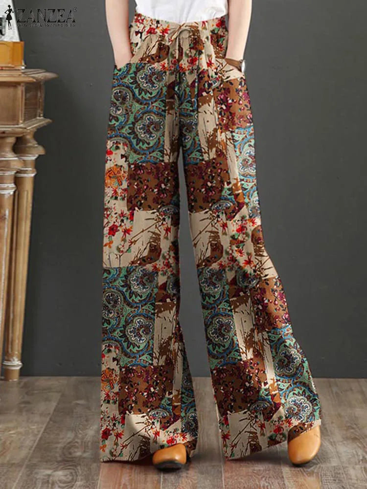 Bohemian Vintage Long Pants ZANZEA Women Wide Leg Trousers Summer High Waist Printed Pantalon Female Elegant Work Palazzo Capris