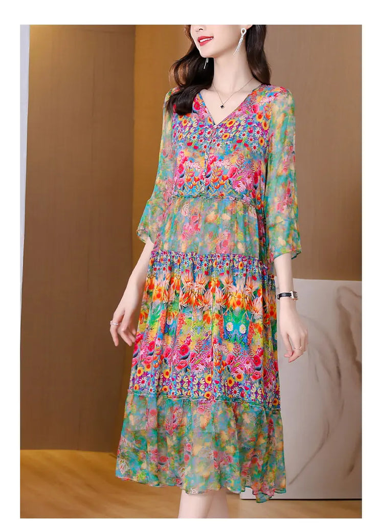 Summer Dress 2023 Woman Silk Floral Dress Elegant Long Beach Vintage Dresses for Women