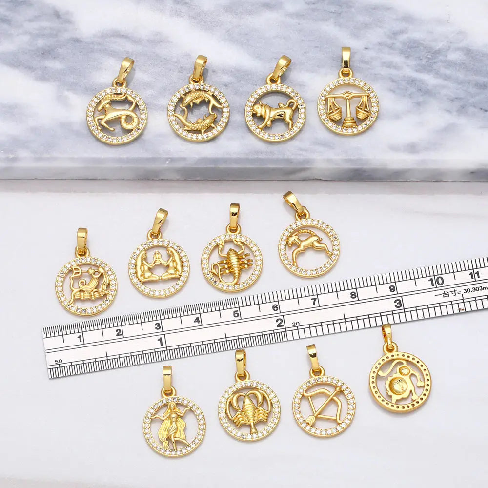 OCESRIO 12 Constellation Zodiac Charms for Jewelry Making Gold Plated Copper Zircon Supplies for Jewelry Findings pdta618