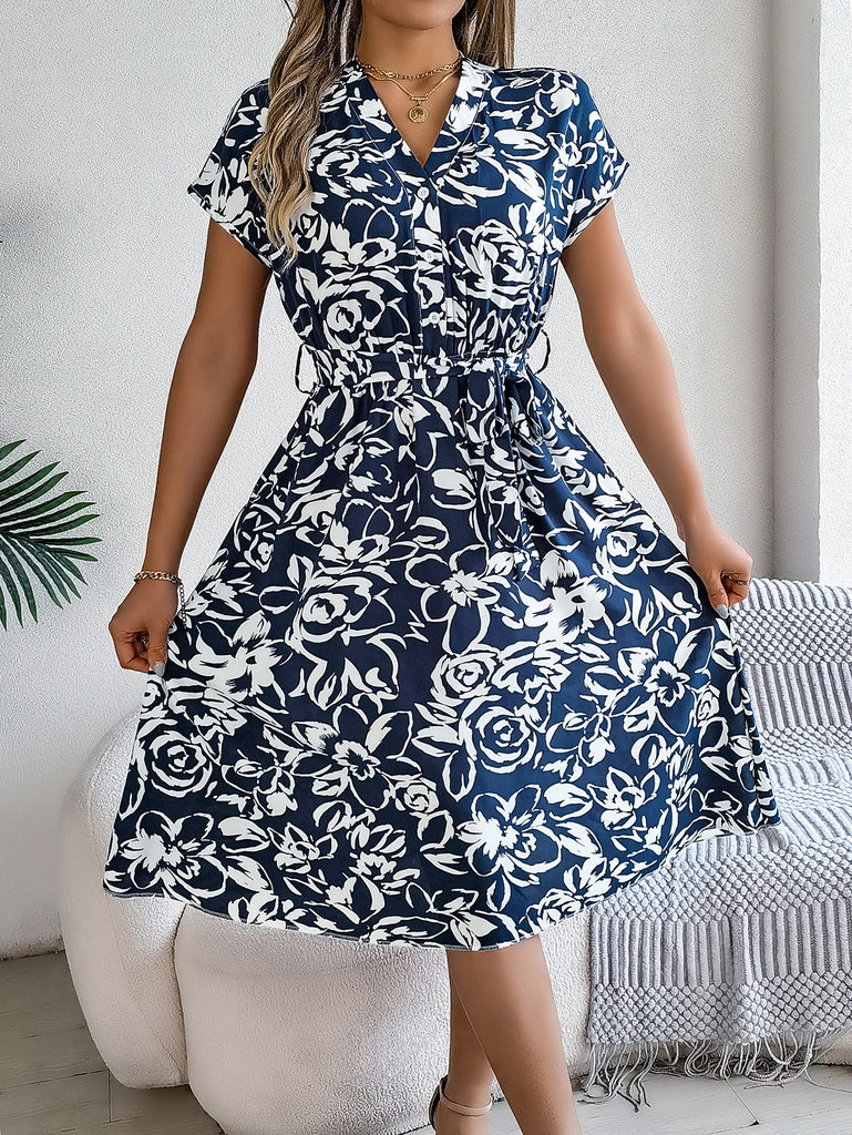 Spring Summer Casual Dresses for Women Button V-Neck Flower Printed Short Sleeve A-line Dress