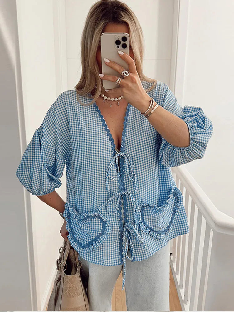 Elegant Plaid Bow Lace Print Women Shirt Fashion Casual Long Lantern Sleeve V Neck Tops 2024 Spring Summer Female Love Outwear