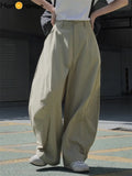 HanOrange 2024 Summer Air Feeling Neutral Arc Wide Leg Pants Women Loose Casual Trousers Female White/Military Green/Pink