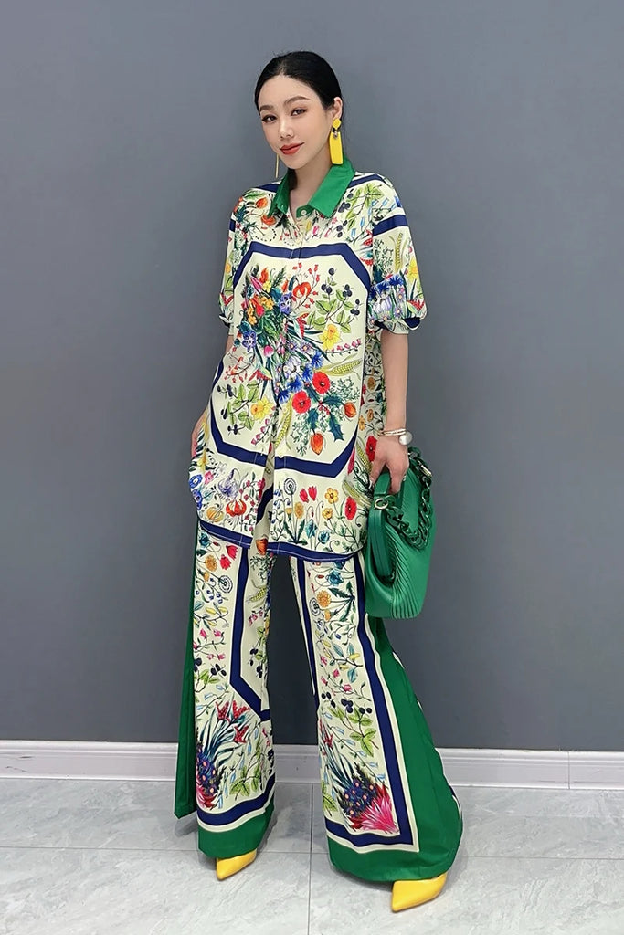 SHENGPALAE 2024 Summer New Women's 2 Piece Set Printed Long Sleeved Shirt Wide Legged Pant Fashion Casual Elegant Clothes 5R9886