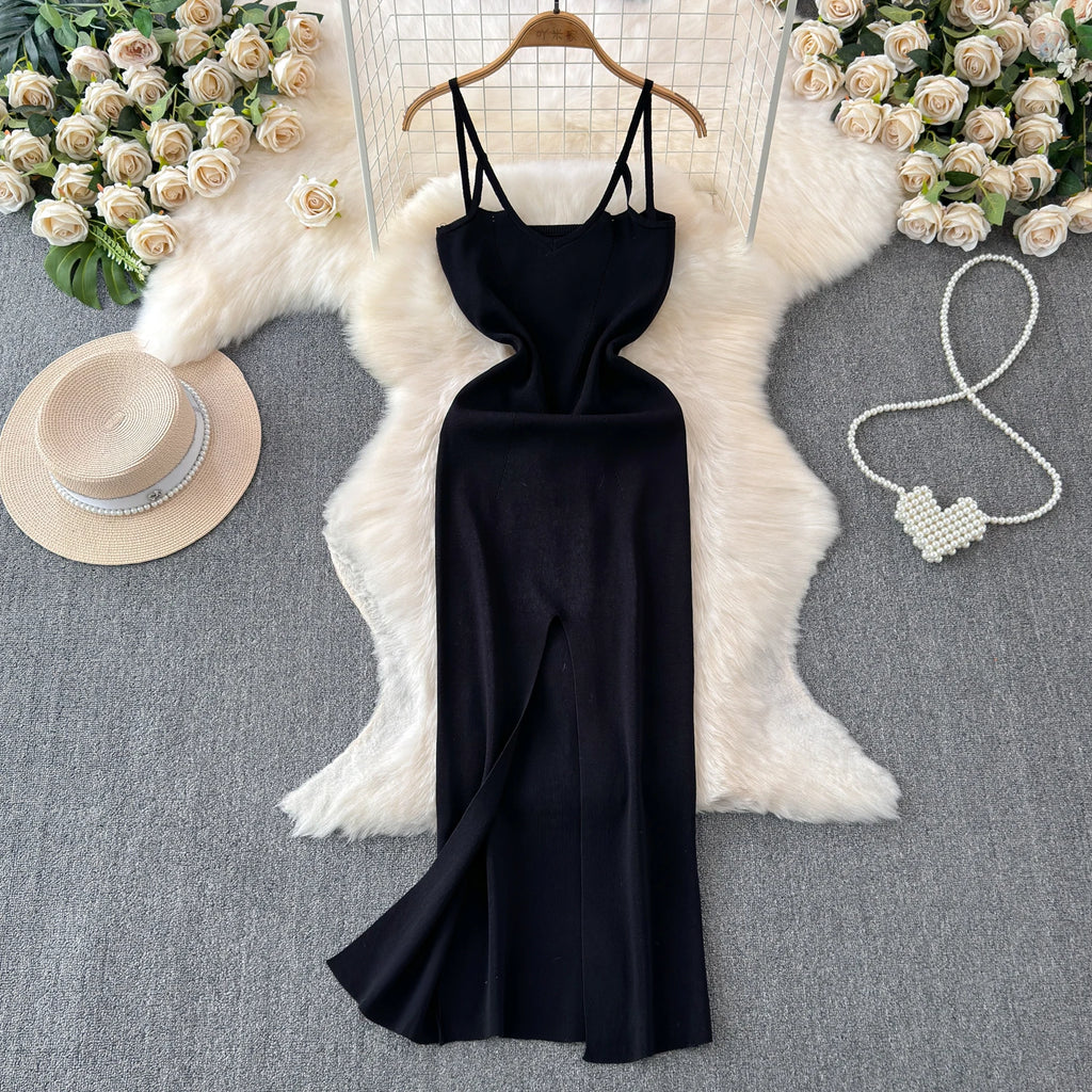 sweet Sleeveless Backless Solid Knit Split Slip Dress Chic Elastic Slim Fashion Party Women Elegant Wrap Pencil dresses