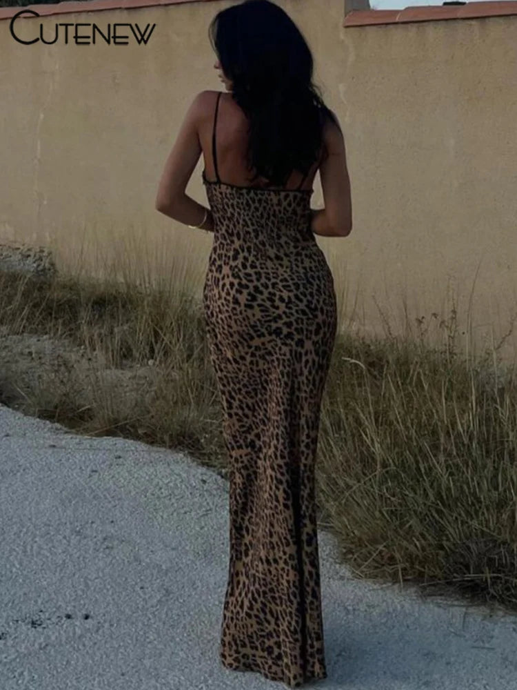 Cutenew Women's Leopard Printed Maxi Dress Elegant Spaghetti Strap Backless Lace-up Robe Skinny Retro Dresses Vestidos New 2023