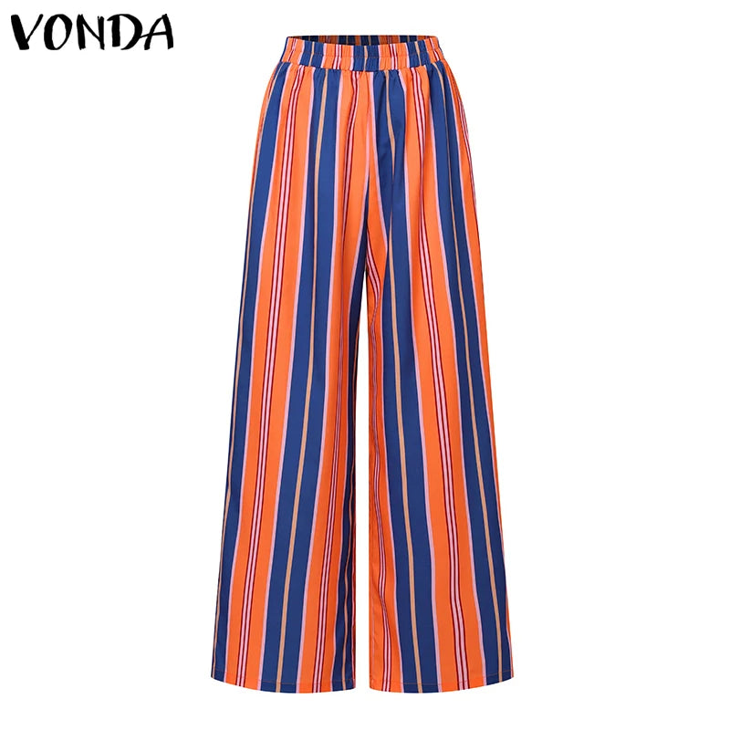 VONDA Bohemian Vintage Women Striped Pants Sets 2024 Summer Half Sleeve Casual Loose Tops and Pants Matching Sets Oversize 2PCS