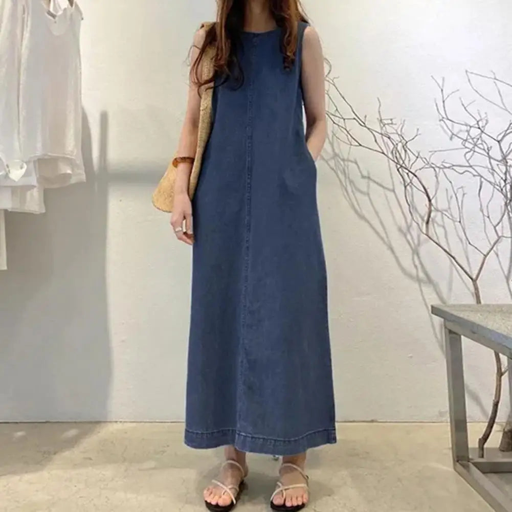 Femme Fashion Casual Loose Long Maxi Sundress Pleated Denim Vestido Sleeveless Robe Women Summer A Line Dress Overszie