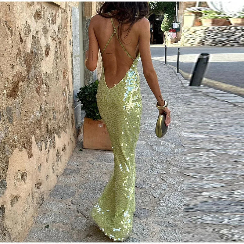 Sexy Sequins Backless Party Long Dress Women Bodycon Tulle V-neck Sleeveless Hip Package Long Dresses 2024 Summer Evening Robes