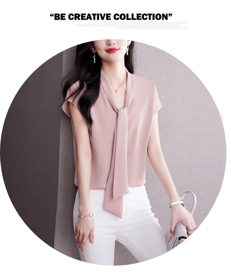 Bow Tie Blouse Shirt for Women OL Elegant Blouses Satin Womens Tops Silk Female Clothing 2023 Korean Fashion Short Sleeve Blouse