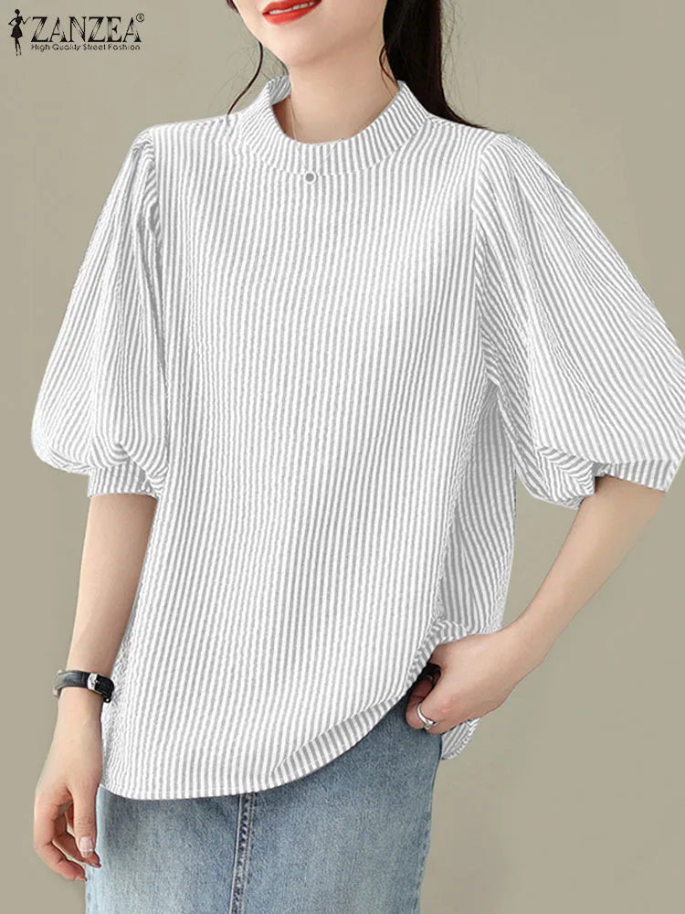 ZANZEA Women Summer Elegant Striped Shirt Fashion 3/4 Lantern Sleeve Blouse Office Work Tops Casual Female Loose Party Blusas