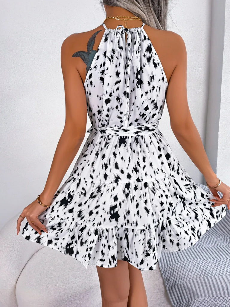 Leopard Print Ruffled Hanging Neck Fashion Dress Women Spring Summer Sexy Halter Mini Dress