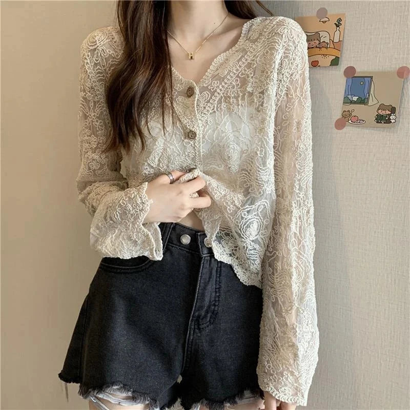 MEXZT Vintage Lace Blouse Women Sheer Long Sleeve Sunscreen Shirt Cardigan Vacation Korean Elegant Casual Sun Protection Top