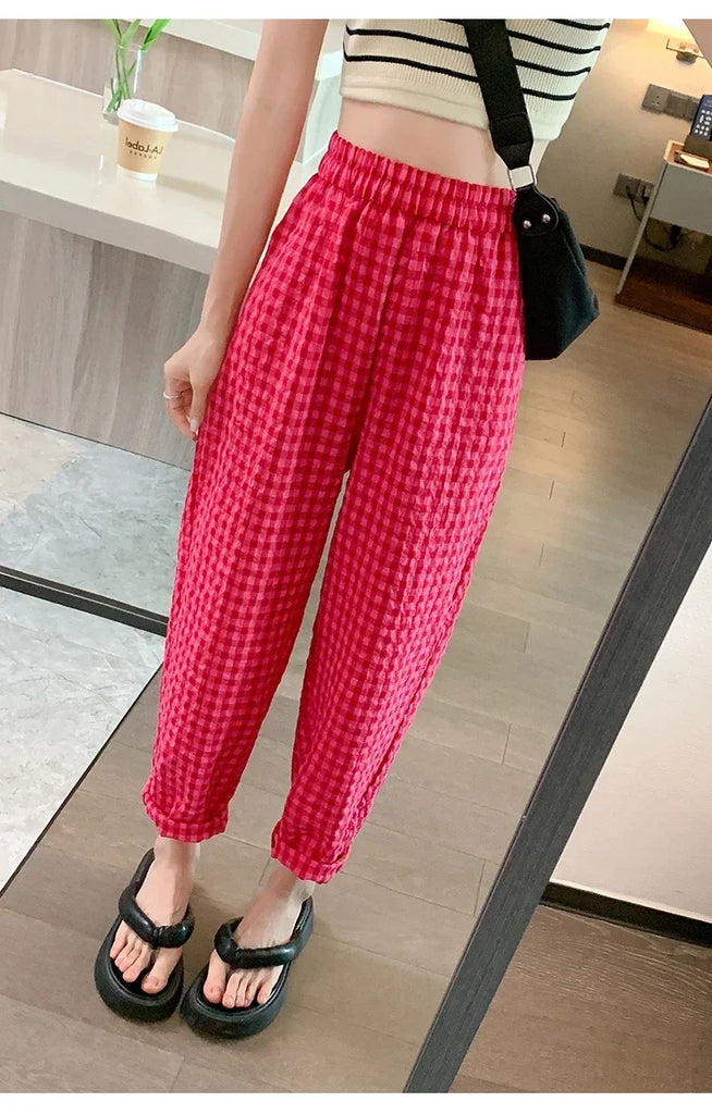 New Women's Checkered Cotton Hemp High Waist Casual Haren Pants Summer Korean Fashion Loose Women Seven Split Wide Leg Pants