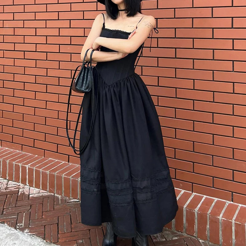 Black Lace Pleated Dress Trim A-Line Spaghetti Strap Backless Vintage Punk Long Dress Women Night Prom Korean Gothic Sundress