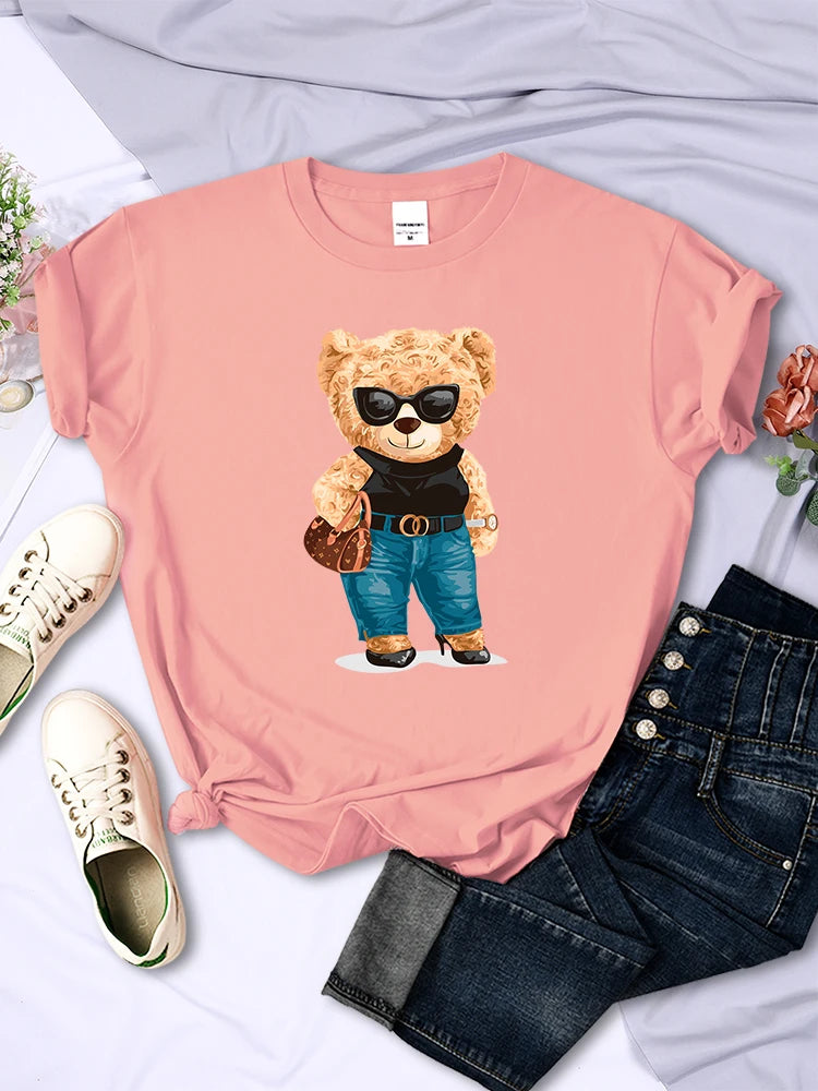 Fashion Teddy Bear Rich Woman T-Shirt Street Hip Hop Short Sleeves Personality Hip Hop T Shirt O-Neck Breathable Summer Tees