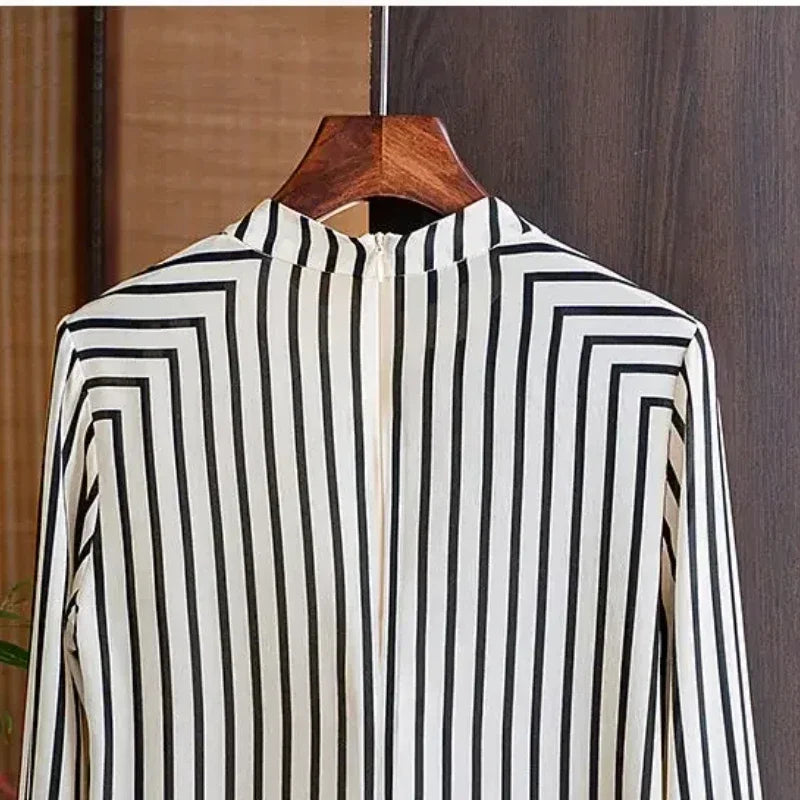 Chiffon Long Sleeves Shirts Women Striped Blouses Soft Breathable and Comfortable Casual Korea Fashion O-Neck Summer Zipper Tops