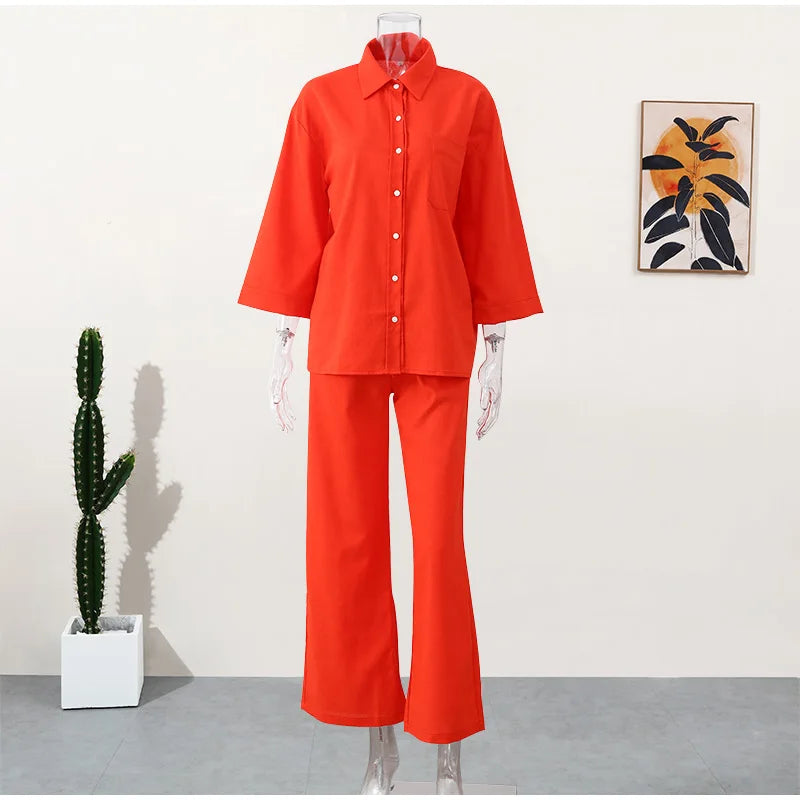 Causal Linen With Pocket Shirt Pants Suits Women Wide Leg Pants Long Sleeves Shirt Sets Ladies Loose High Street 2 Piece Outfits