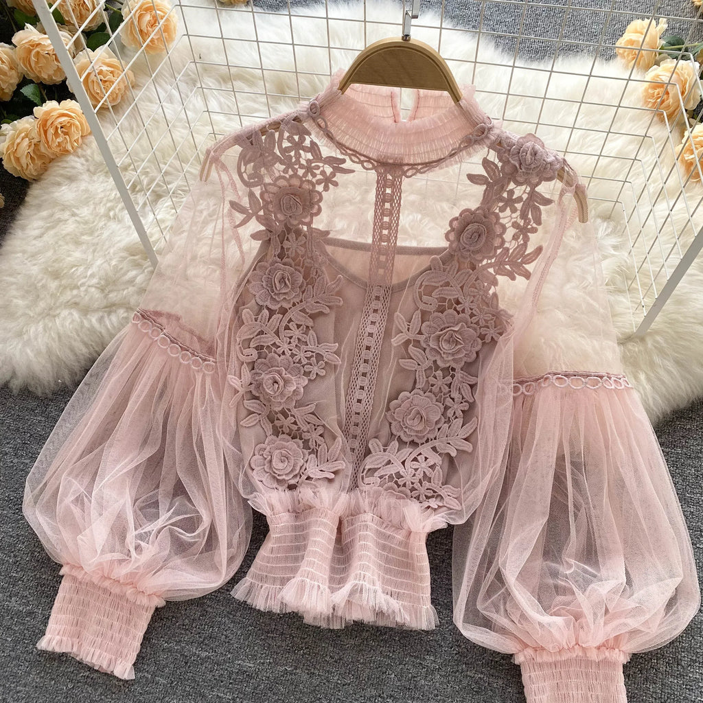 Lace Puff Long Sleeve Blouse Vintage Fashion Blouses Elegant Femme Blusas Korean Woman Tops Women Shirts Clothing Dropshipping