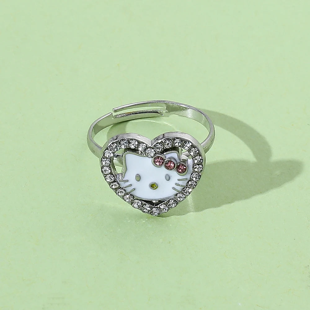 Anime Sanrio Hello Kitty Rings Heart  Shape Rhinestone Open Adjustable Cute KT Cat Ring Accessories Fashion Jewelry Gifts