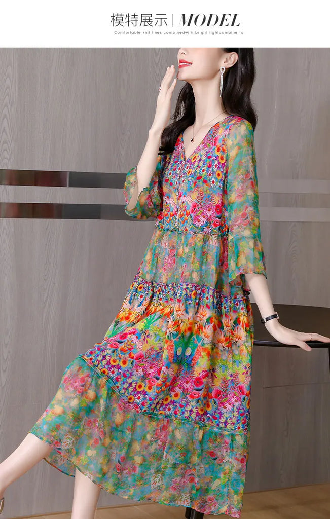 Summer Dress 2023 Woman Silk Floral Dress Elegant Long Beach Vintage Dresses for Women