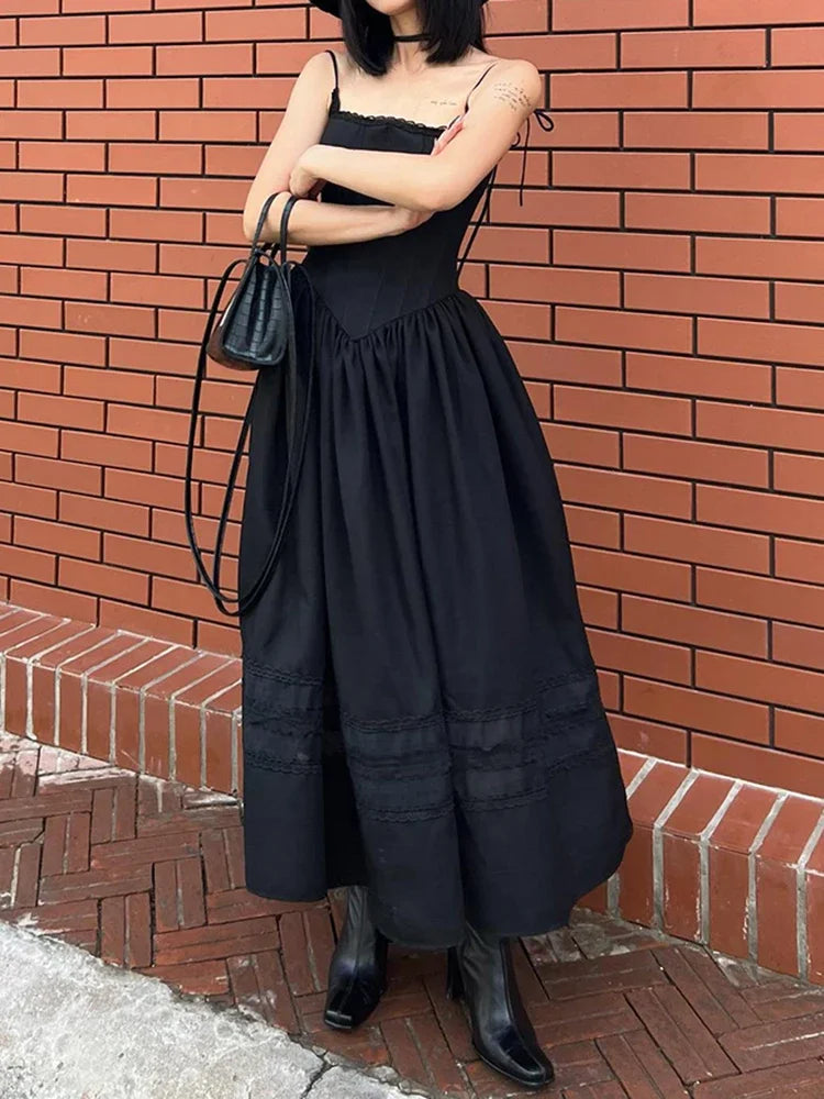 Black Lace Pleated Dress Trim A-Line Spaghetti Strap Backless Vintage Punk Long Dress Women Night Prom Korean Gothic Sundress