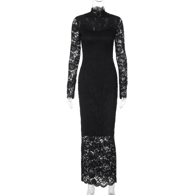 Lygens Lace Spliced Long Sleeve Solid Slim Elegant Evening Night Dress Party Summer Casual Y2K Streetwear Dropshipping Clothing