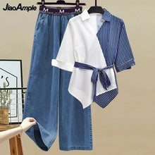 Load image into Gallery viewer, Women&#39;s Summer New in Matching Set Korean Elegant Splice Fake Two Piece Shirts+Jeans Suit 2023 Chic Blouse Denim Trousers Suits