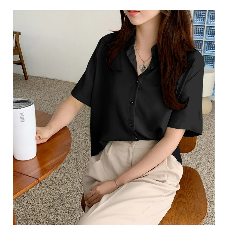 New Women'S Summer Lapel Short Sleeved Slimming Casual Versatile Shirt Female Comfortable Thin Fashionable Professional Top