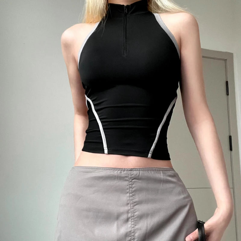 CIBBAR Sexy Backless Hollow Out Crop Top Zip Up Turtleneck Sleeveless Patchwork Tank Tops Women Korean Fashion Hip Hop Vest Chic