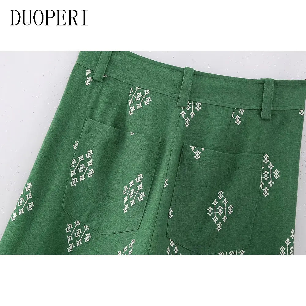 DUOPERI Women Fashion Linen Embroidery Straight Pant High Waist Full Length Female Chic Lady Casual Vintage Long Flax Trousers