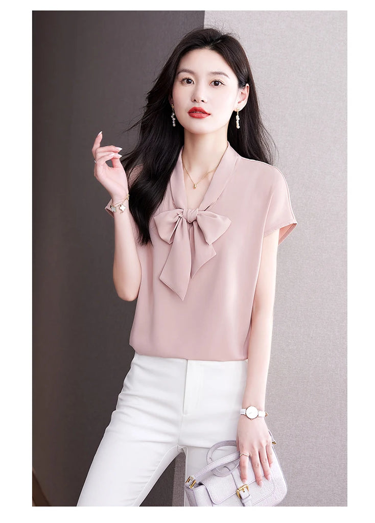 Bow Tie Blouse Shirt for Women OL Elegant Blouses Satin Womens Tops Silk Female Clothing 2023 Korean Fashion Short Sleeve Blouse