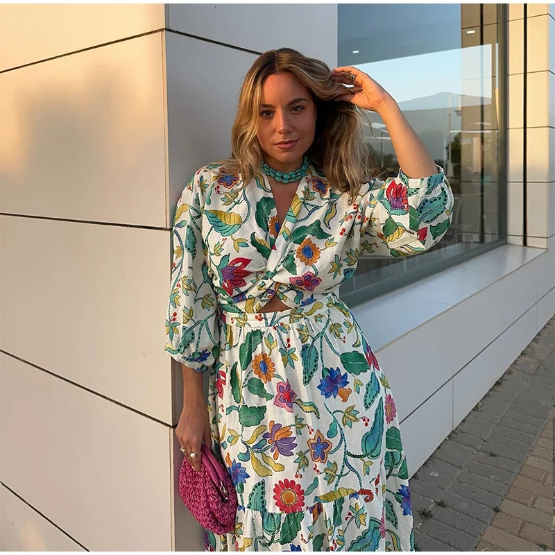 Flower Printed Hollow Out Women's Maxi Dresses Elegant V Neck Long Sleeves Lady Dress 2024 New Summer Vacation Beach Party Robes