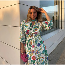 Load image into Gallery viewer, Flower Printed Hollow Out Women&#39;s Maxi Dresses Elegant V Neck Long Sleeves Lady Dress 2024 New Summer Vacation Beach Party Robes