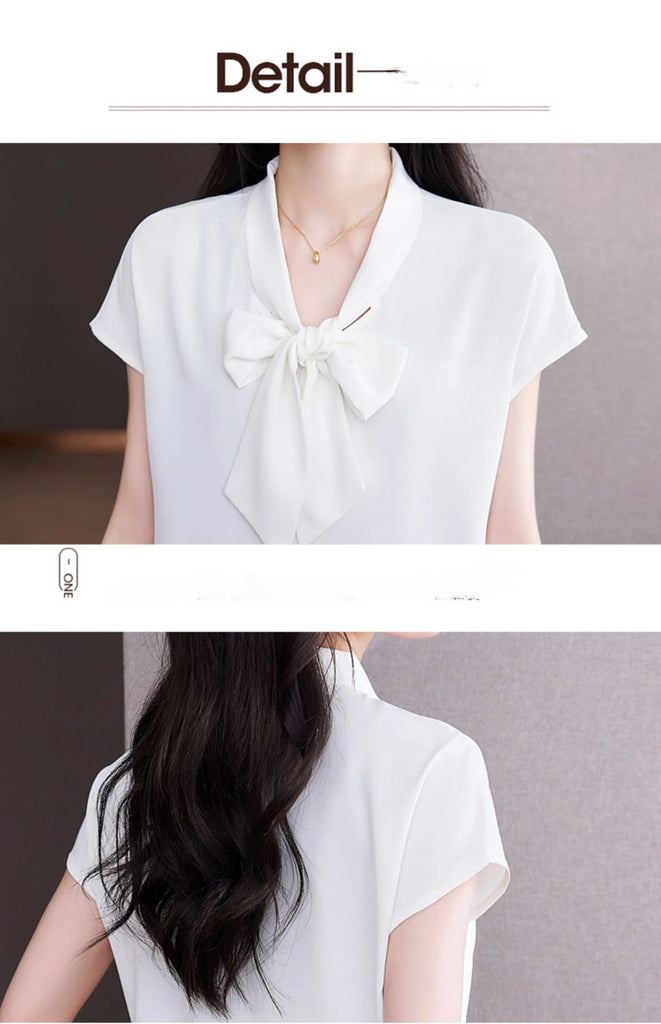 Bow Tie Blouse Shirt for Women OL Elegant Blouses Satin Womens Tops Silk Female Clothing 2023 Korean Fashion Short Sleeve Blouse