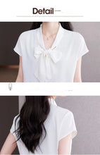 Load image into Gallery viewer, Bow Tie Blouse Shirt for Women OL Elegant Blouses Satin Womens Tops Silk Female Clothing 2023 Korean Fashion Short Sleeve Blouse