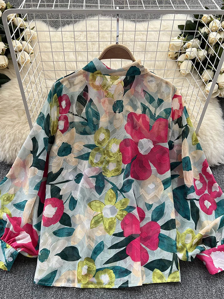 Spring Autumn Temperament Fashion Retro Chiffon Floral Blouses Print Loose Lapel Puff Sleeve Top Button Up Shirt Female GD611